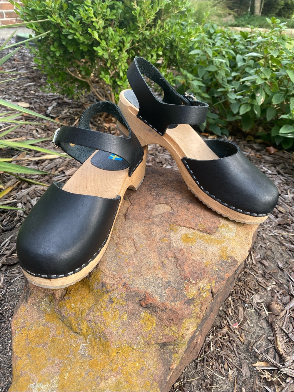MIA Sofia Black Leather Buckle Clogs Size 38 Made in Sweden